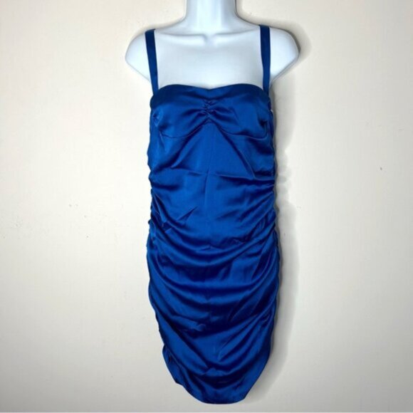 Urban Outfitters LIONES Mini Dress Mysterious Girl Ruched side Satin Blue Size M - Picture 3 of 16